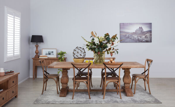 Old Elm Dining Table & Cross Chairs x 6